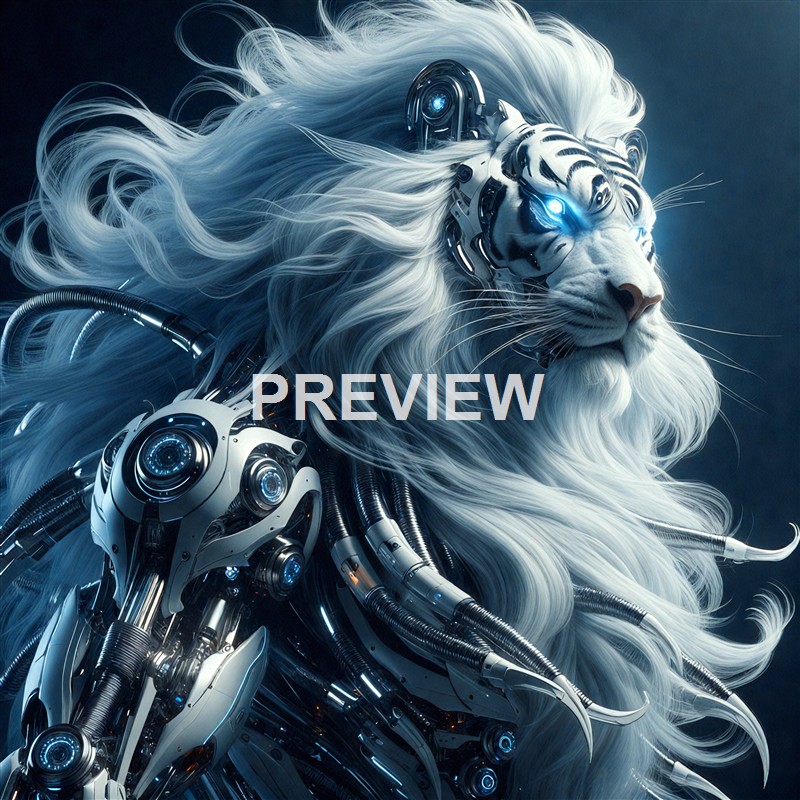 A majestic white lion with flowing mane integrated with advanced robotic and cybernetic components, giving it a futuristic appearance.